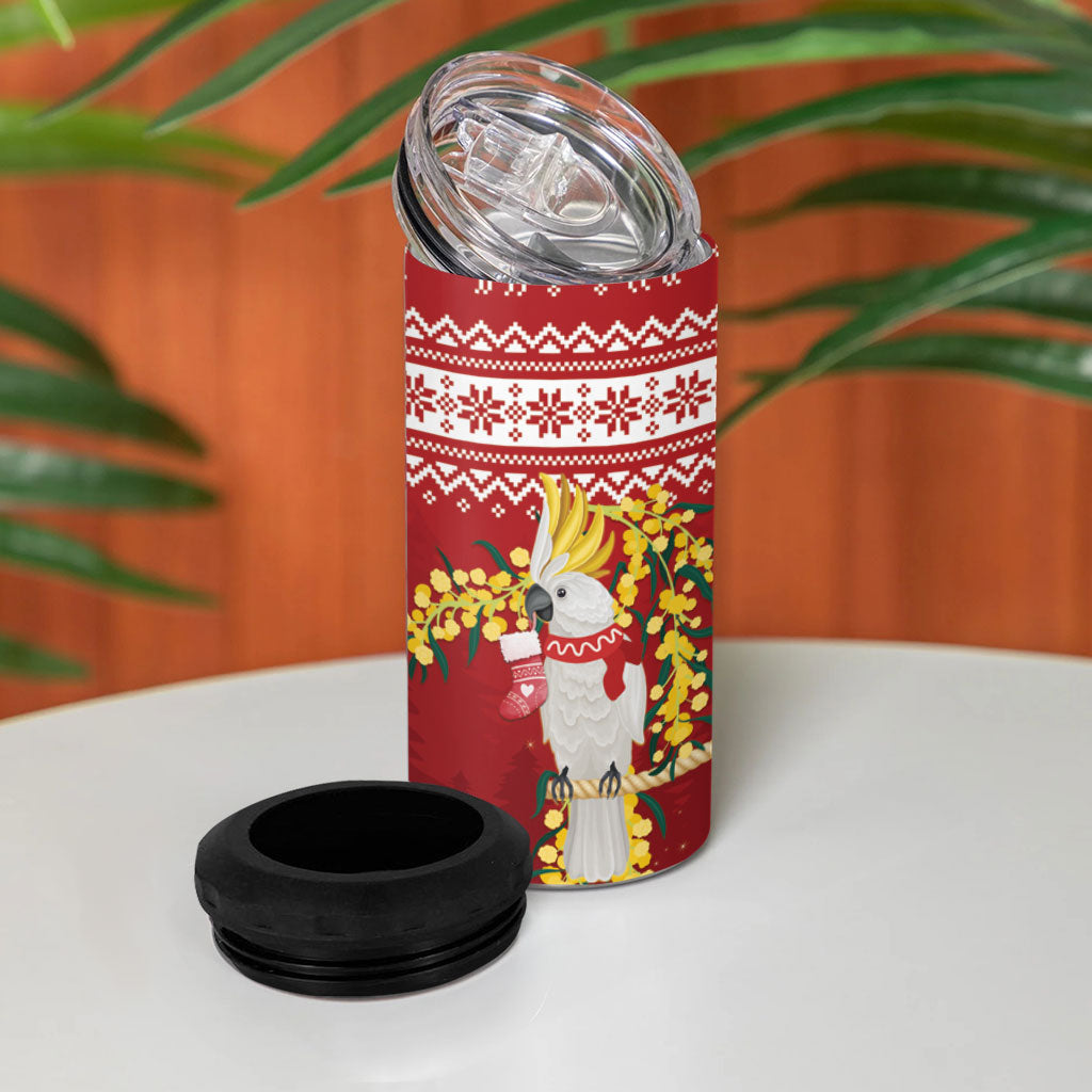 Australia Sulphur-crested Cockatoo Christmas 4 in 1 Can Cooler Tumbler Aussie Golden Wattle Merry Xmas