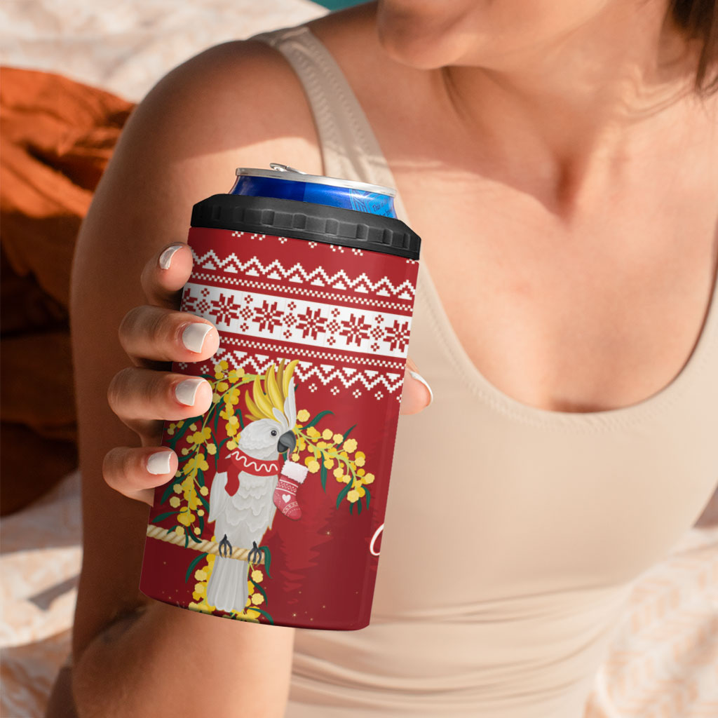 Australia Sulphur-crested Cockatoo Christmas 4 in 1 Can Cooler Tumbler Aussie Golden Wattle Merry Xmas
