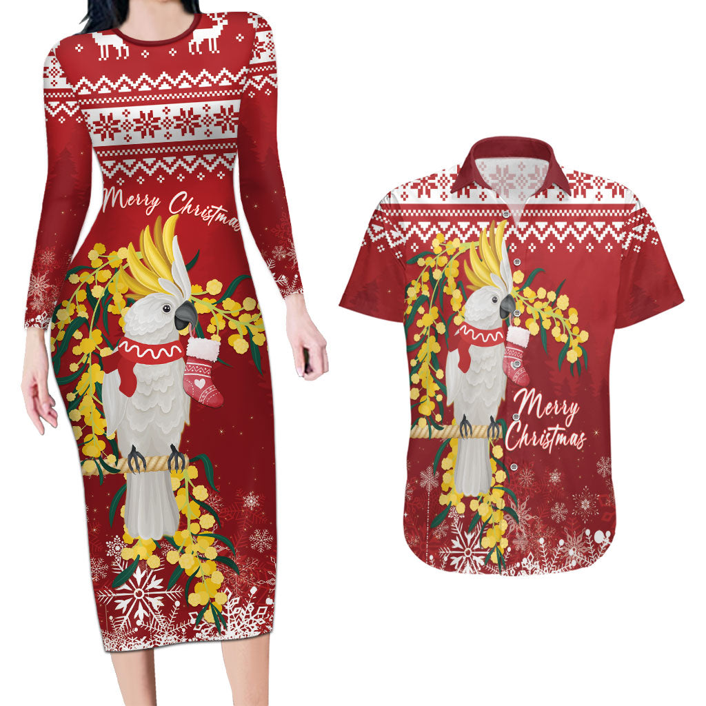 Australia Sulphur-crested Cockatoo Christmas Personalised Couples Matching Long Sleeve Bodycon Dress and Hawaiian Shirt Aussie Golden Wattle Merry Xmas