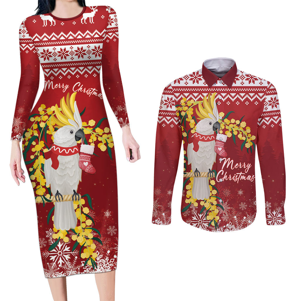 Australia Sulphur-crested Cockatoo Christmas Personalised Couples Matching Long Sleeve Bodycon Dress and Long Sleeve Button Shirt Aussie Golden Wattle Merry Xmas
