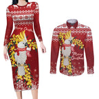 Australia Sulphur-crested Cockatoo Christmas Personalised Couples Matching Long Sleeve Bodycon Dress and Long Sleeve Button Shirt Aussie Golden Wattle Merry Xmas