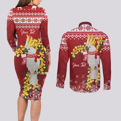 Australia Sulphur-crested Cockatoo Christmas Personalised Couples Matching Long Sleeve Bodycon Dress and Long Sleeve Button Shirt Aussie Golden Wattle Merry Xmas