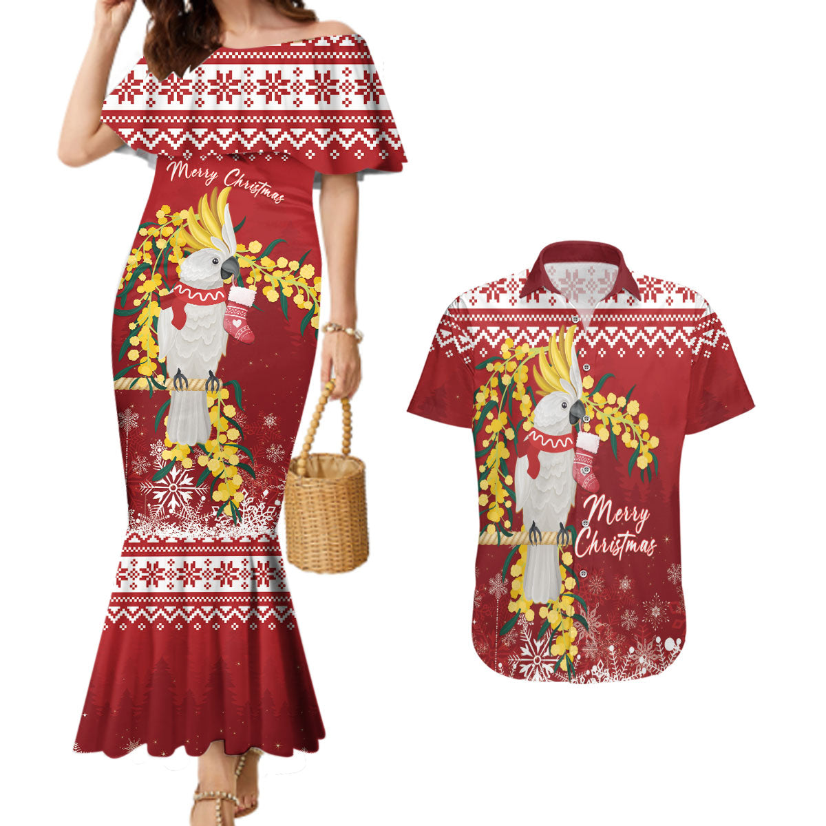 Australia Sulphur-crested Cockatoo Christmas Personalised Couples Matching Mermaid Dress and Hawaiian Shirt Aussie Golden Wattle Merry Xmas