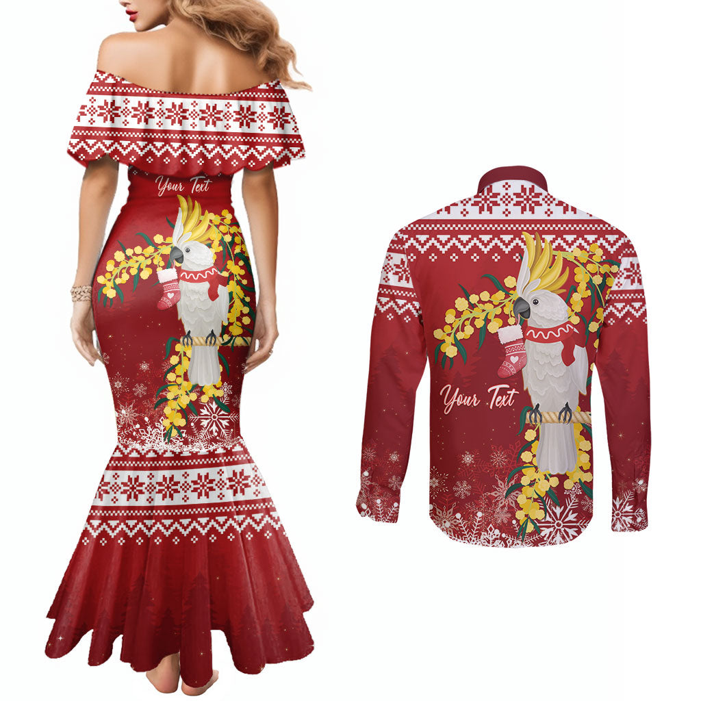 Australia Sulphur-crested Cockatoo Christmas Personalised Couples Matching Mermaid Dress and Long Sleeve Button Shirt Aussie Golden Wattle Merry Xmas