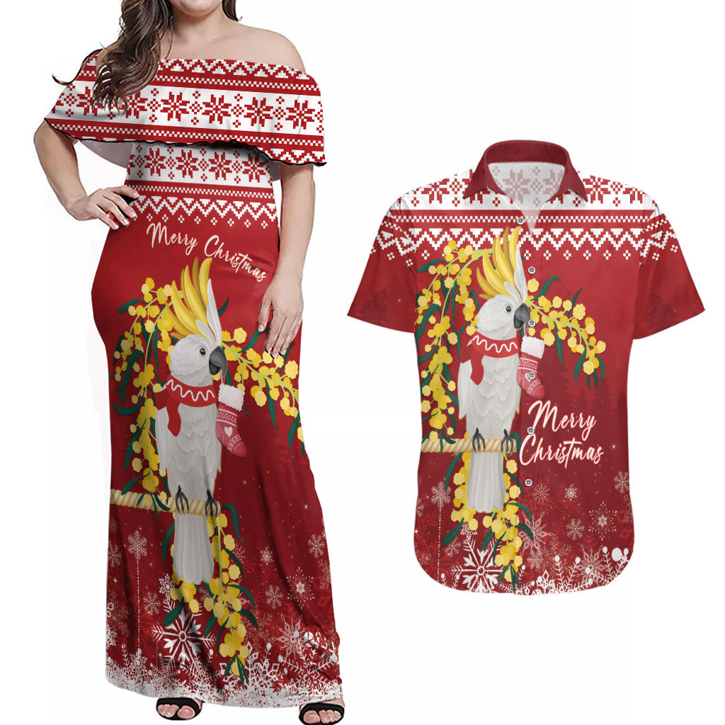 Australia Sulphur-crested Cockatoo Christmas Personalised Couples Matching Off Shoulder Maxi Dress and Hawaiian Shirt Aussie Golden Wattle Merry Xmas