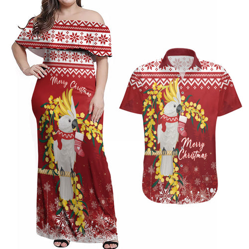 Australia Sulphur-crested Cockatoo Christmas Personalised Couples Matching Off Shoulder Maxi Dress and Hawaiian Shirt Aussie Golden Wattle Merry Xmas