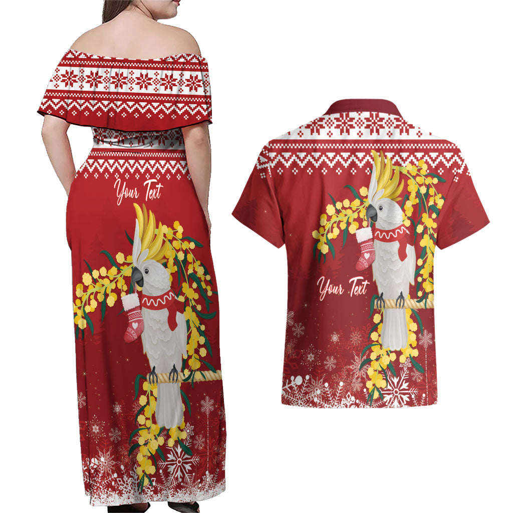 Australia Sulphur-crested Cockatoo Christmas Personalised Couples Matching Off Shoulder Maxi Dress and Hawaiian Shirt Aussie Golden Wattle Merry Xmas