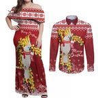 Australia Sulphur-crested Cockatoo Christmas Personalised Couples Matching Off Shoulder Maxi Dress and Long Sleeve Button Shirt Aussie Golden Wattle Merry Xmas
