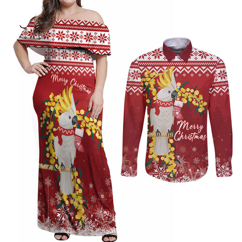 Australia Sulphur-crested Cockatoo Christmas Personalised Couples Matching Off Shoulder Maxi Dress and Long Sleeve Button Shirt Aussie Golden Wattle Merry Xmas