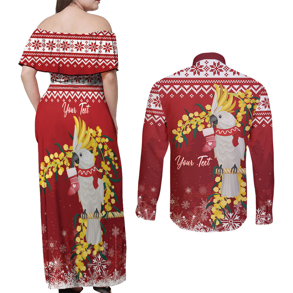 Australia Sulphur-crested Cockatoo Christmas Personalised Couples Matching Off Shoulder Maxi Dress and Long Sleeve Button Shirt Aussie Golden Wattle Merry Xmas