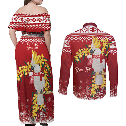 Australia Sulphur-crested Cockatoo Christmas Personalised Couples Matching Off Shoulder Maxi Dress and Long Sleeve Button Shirt Aussie Golden Wattle Merry Xmas
