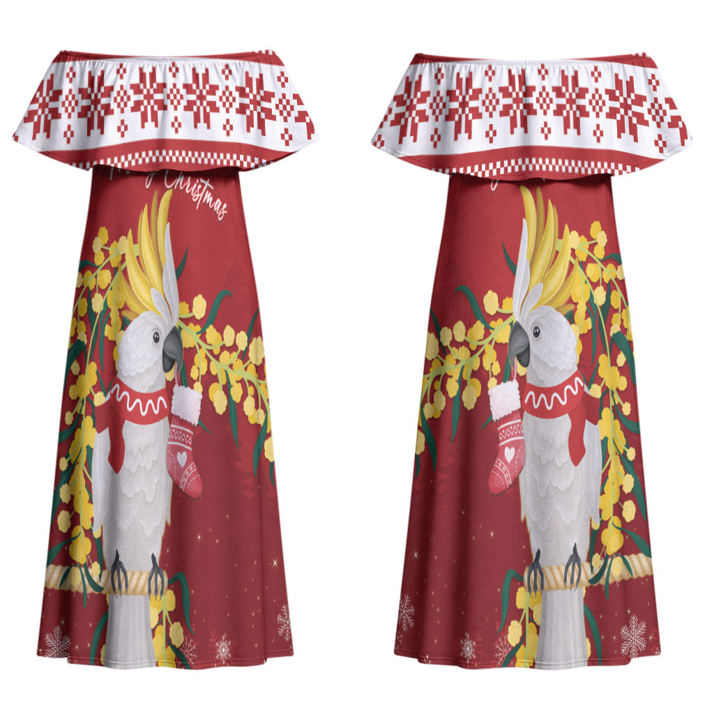 Australia Sulphur-crested Cockatoo Christmas Personalised Couples Matching Off Shoulder Maxi Dress and Long Sleeve Button Shirt Aussie Golden Wattle Merry Xmas LT22