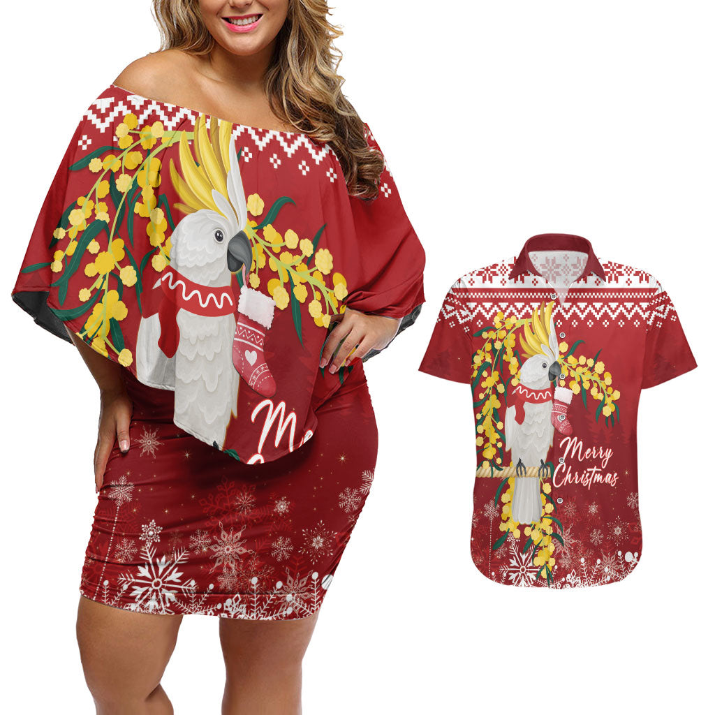 Australia Sulphur-crested Cockatoo Christmas Personalised Couples Matching Off Shoulder Short Dress and Hawaiian Shirt Aussie Golden Wattle Merry Xmas