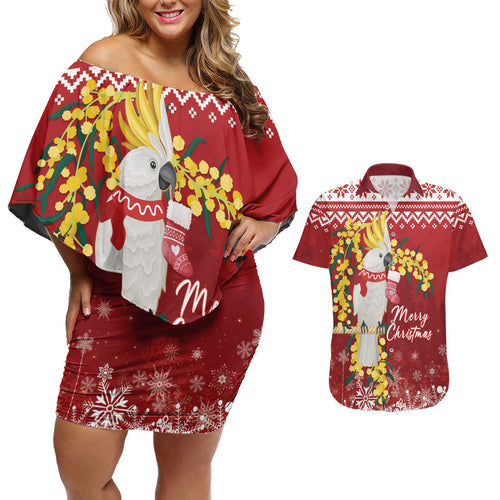 Australia Sulphur-crested Cockatoo Christmas Personalised Couples Matching Off Shoulder Short Dress and Hawaiian Shirt Aussie Golden Wattle Merry Xmas