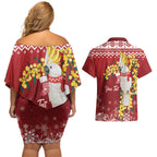 Australia Sulphur-crested Cockatoo Christmas Personalised Couples Matching Off Shoulder Short Dress and Hawaiian Shirt Aussie Golden Wattle Merry Xmas