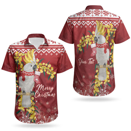 Australia Sulphur-crested Cockatoo Christmas Personalised Couples Matching Off Shoulder Short Dress and Hawaiian Shirt Aussie Golden Wattle Merry Xmas LT22