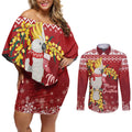 Australia Sulphur-crested Cockatoo Christmas Personalised Couples Matching Off Shoulder Short Dress and Long Sleeve Button Shirt Aussie Golden Wattle Merry Xmas