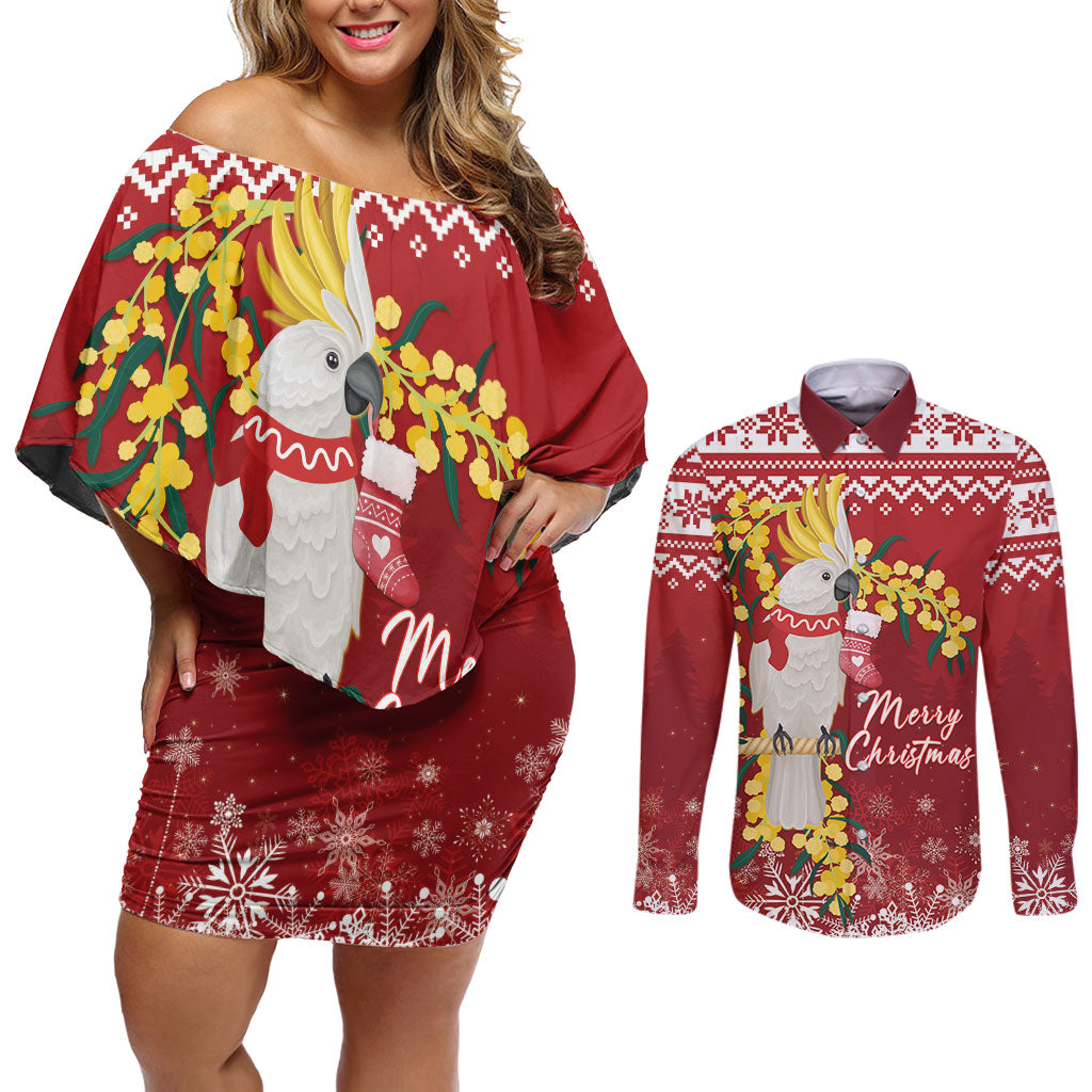 Australia Sulphur-crested Cockatoo Christmas Personalised Couples Matching Off Shoulder Short Dress and Long Sleeve Button Shirt Aussie Golden Wattle Merry Xmas