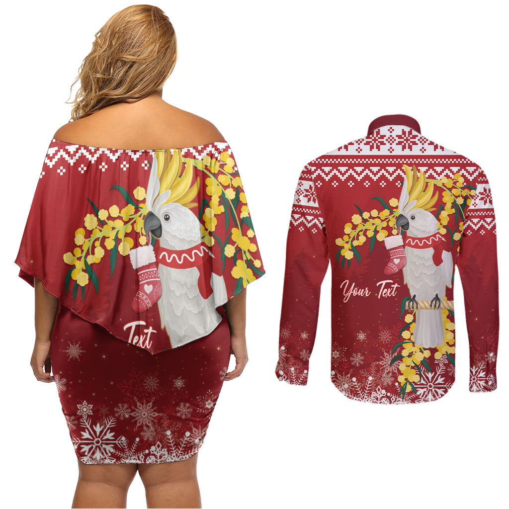 Australia Sulphur-crested Cockatoo Christmas Personalised Couples Matching Off Shoulder Short Dress and Long Sleeve Button Shirt Aussie Golden Wattle Merry Xmas