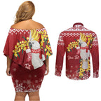 Australia Sulphur-crested Cockatoo Christmas Personalised Couples Matching Off Shoulder Short Dress and Long Sleeve Button Shirt Aussie Golden Wattle Merry Xmas
