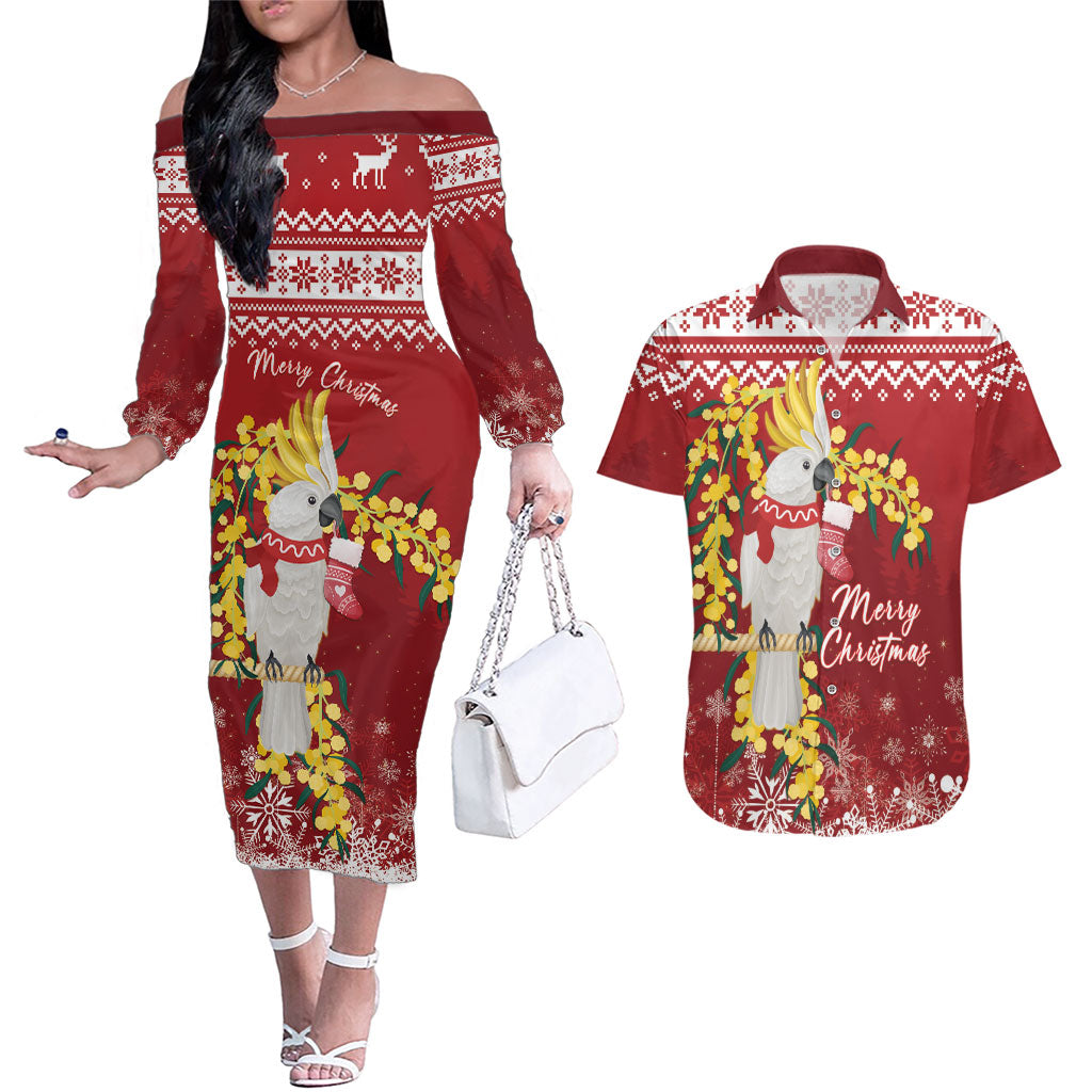 Australia Sulphur-crested Cockatoo Christmas Personalised Couples Matching Off The Shoulder Long Sleeve Dress and Hawaiian Shirt Aussie Golden Wattle Merry Xmas