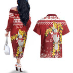 Australia Sulphur-crested Cockatoo Christmas Personalised Couples Matching Off The Shoulder Long Sleeve Dress and Hawaiian Shirt Aussie Golden Wattle Merry Xmas