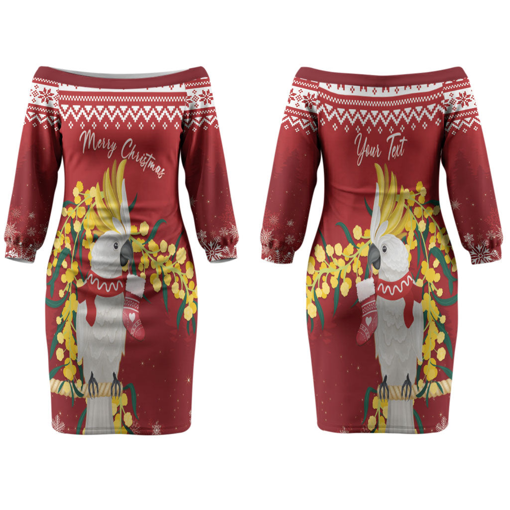 Australia Sulphur-crested Cockatoo Christmas Personalised Couples Matching Off The Shoulder Long Sleeve Dress and Hawaiian Shirt Aussie Golden Wattle Merry Xmas LT22