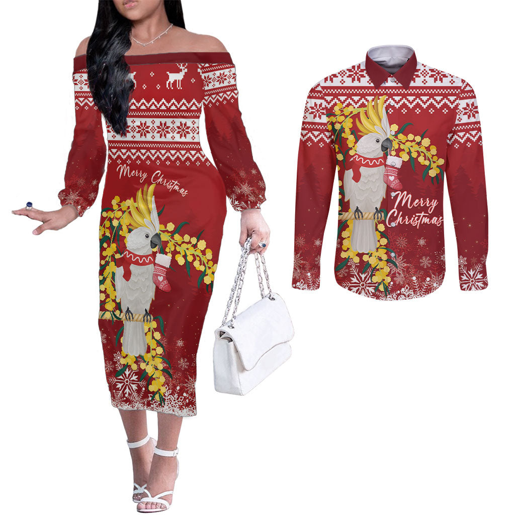 Australia Sulphur-crested Cockatoo Christmas Personalised Couples Matching Off The Shoulder Long Sleeve Dress and Long Sleeve Button Shirt Aussie Golden Wattle Merry Xmas
