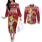Australia Sulphur-crested Cockatoo Christmas Personalised Couples Matching Off The Shoulder Long Sleeve Dress and Long Sleeve Button Shirt Aussie Golden Wattle Merry Xmas