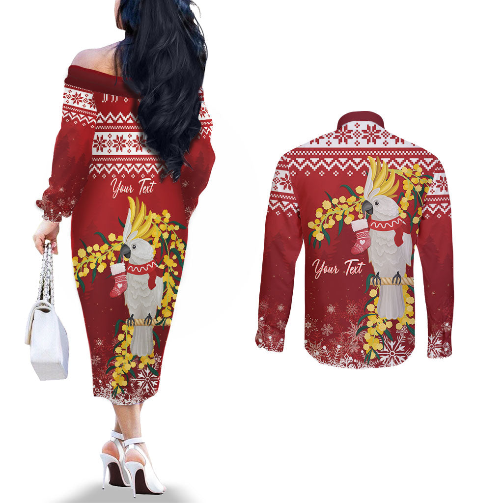 Australia Sulphur-crested Cockatoo Christmas Personalised Couples Matching Off The Shoulder Long Sleeve Dress and Long Sleeve Button Shirt Aussie Golden Wattle Merry Xmas