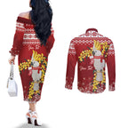 Australia Sulphur-crested Cockatoo Christmas Personalised Couples Matching Off The Shoulder Long Sleeve Dress and Long Sleeve Button Shirt Aussie Golden Wattle Merry Xmas