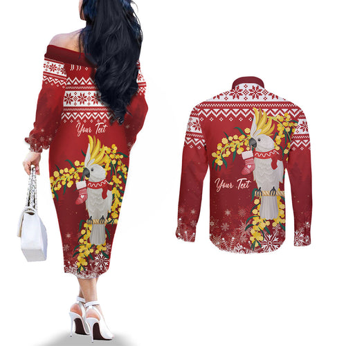 Australia Sulphur-crested Cockatoo Christmas Personalised Couples Matching Off The Shoulder Long Sleeve Dress and Long Sleeve Button Shirt Aussie Golden Wattle Merry Xmas