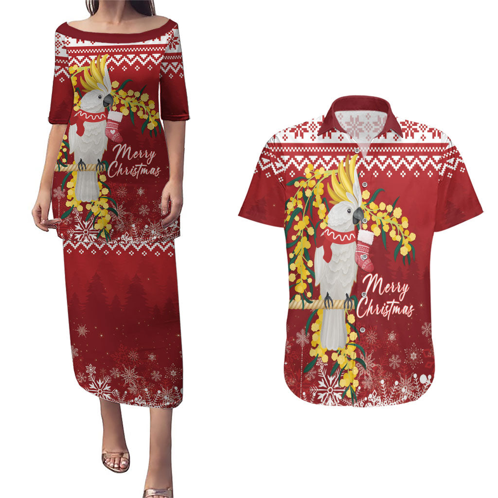 Australia Sulphur-crested Cockatoo Christmas Personalised Couples Matching Puletasi and Hawaiian Shirt Aussie Golden Wattle Merry Xmas