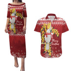 Australia Sulphur-crested Cockatoo Christmas Personalised Couples Matching Puletasi and Hawaiian Shirt Aussie Golden Wattle Merry Xmas