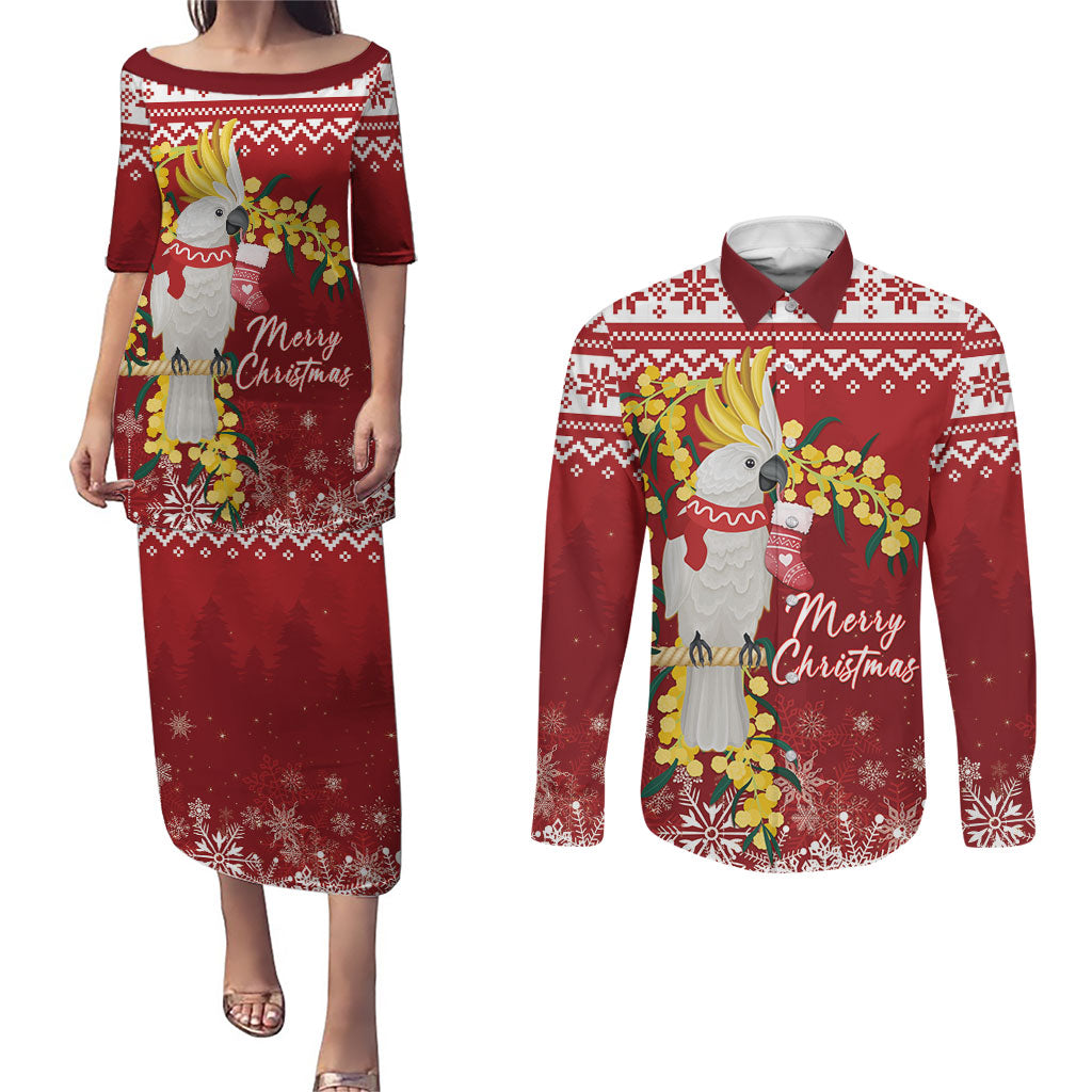 Australia Sulphur-crested Cockatoo Christmas Personalised Couples Matching Puletasi and Long Sleeve Button Shirt Aussie Golden Wattle Merry Xmas