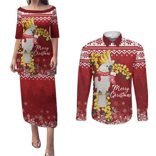 Australia Sulphur-crested Cockatoo Christmas Personalised Couples Matching Puletasi and Long Sleeve Button Shirt Aussie Golden Wattle Merry Xmas