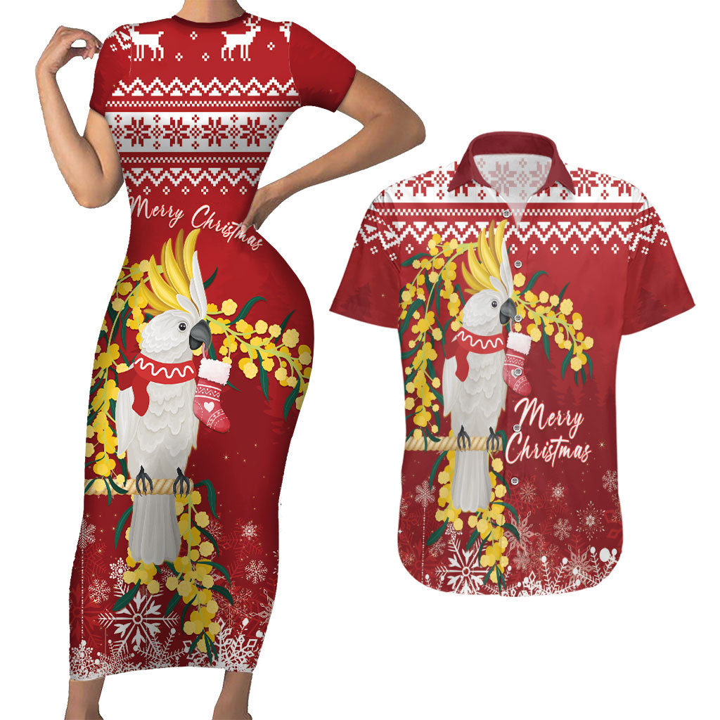 Australia Sulphur-crested Cockatoo Christmas Personalised Couples Matching Short Sleeve Bodycon Dress and Hawaiian Shirt Aussie Golden Wattle Merry Xmas