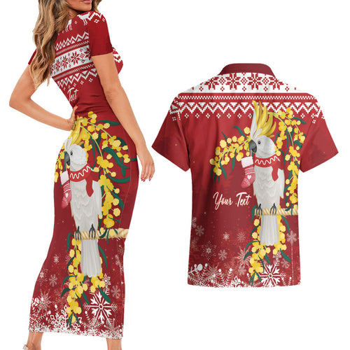 Australia Sulphur-crested Cockatoo Christmas Personalised Couples Matching Short Sleeve Bodycon Dress and Hawaiian Shirt Aussie Golden Wattle Merry Xmas
