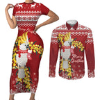 Australia Sulphur-crested Cockatoo Christmas Personalised Couples Matching Short Sleeve Bodycon Dress and Long Sleeve Button Shirt Aussie Golden Wattle Merry Xmas
