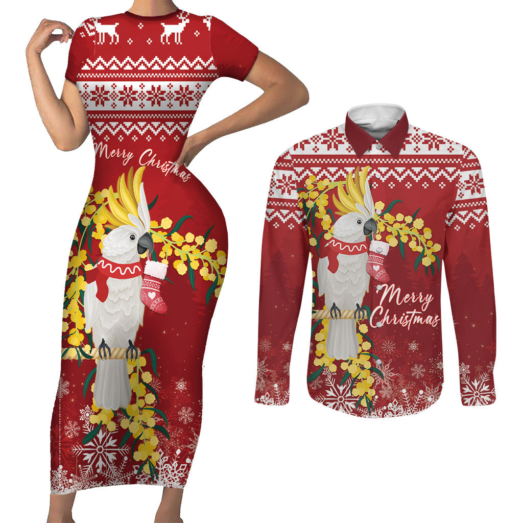 Australia Sulphur-crested Cockatoo Christmas Personalised Couples Matching Short Sleeve Bodycon Dress and Long Sleeve Button Shirt Aussie Golden Wattle Merry Xmas