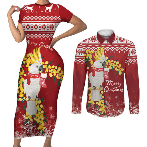 Australia Sulphur-crested Cockatoo Christmas Personalised Couples Matching Short Sleeve Bodycon Dress and Long Sleeve Button Shirt Aussie Golden Wattle Merry Xmas