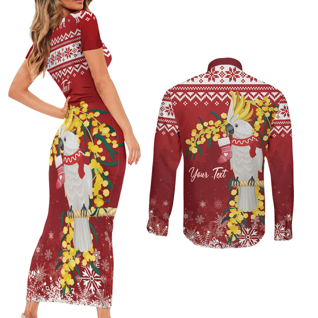 Australia Sulphur-crested Cockatoo Christmas Personalised Couples Matching Short Sleeve Bodycon Dress and Long Sleeve Button Shirt Aussie Golden Wattle Merry Xmas