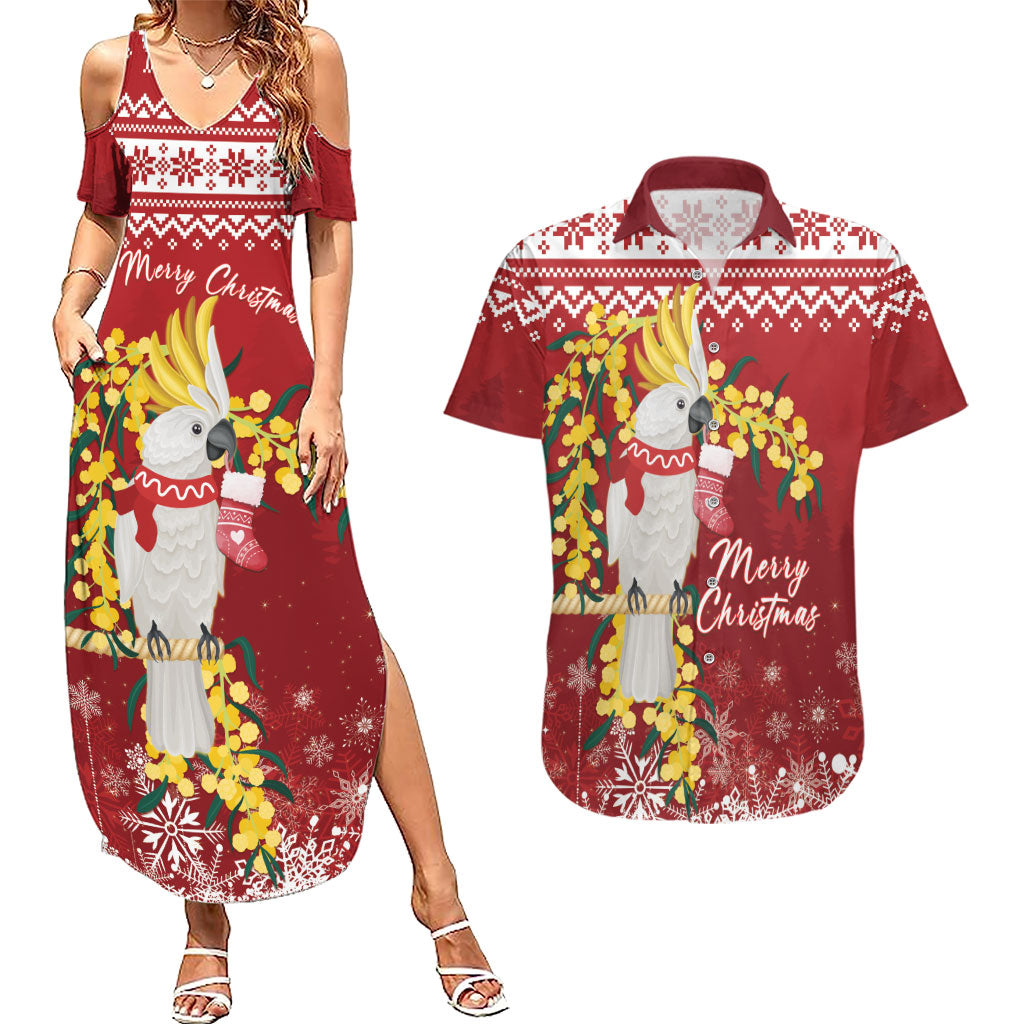 Australia Sulphur-crested Cockatoo Christmas Personalised Couples Matching Summer Maxi Dress and Hawaiian Shirt Aussie Golden Wattle Merry Xmas