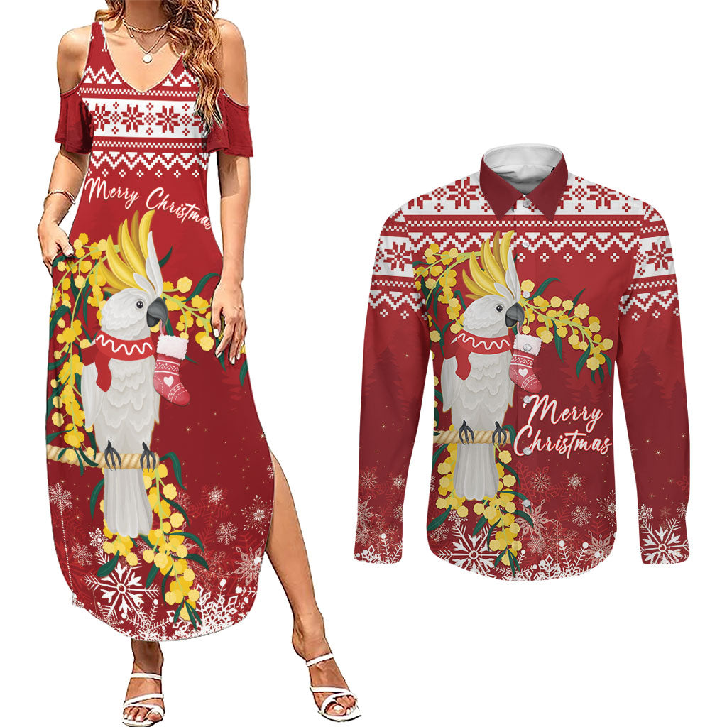 Australia Sulphur-crested Cockatoo Christmas Personalised Couples Matching Summer Maxi Dress and Long Sleeve Button Shirt Aussie Golden Wattle Merry Xmas