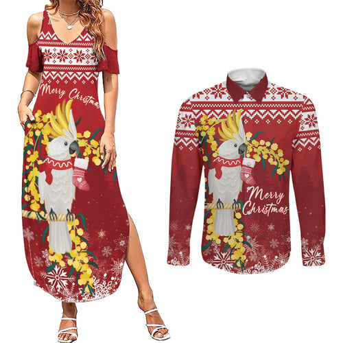 Australia Sulphur-crested Cockatoo Christmas Personalised Couples Matching Summer Maxi Dress and Long Sleeve Button Shirt Aussie Golden Wattle Merry Xmas