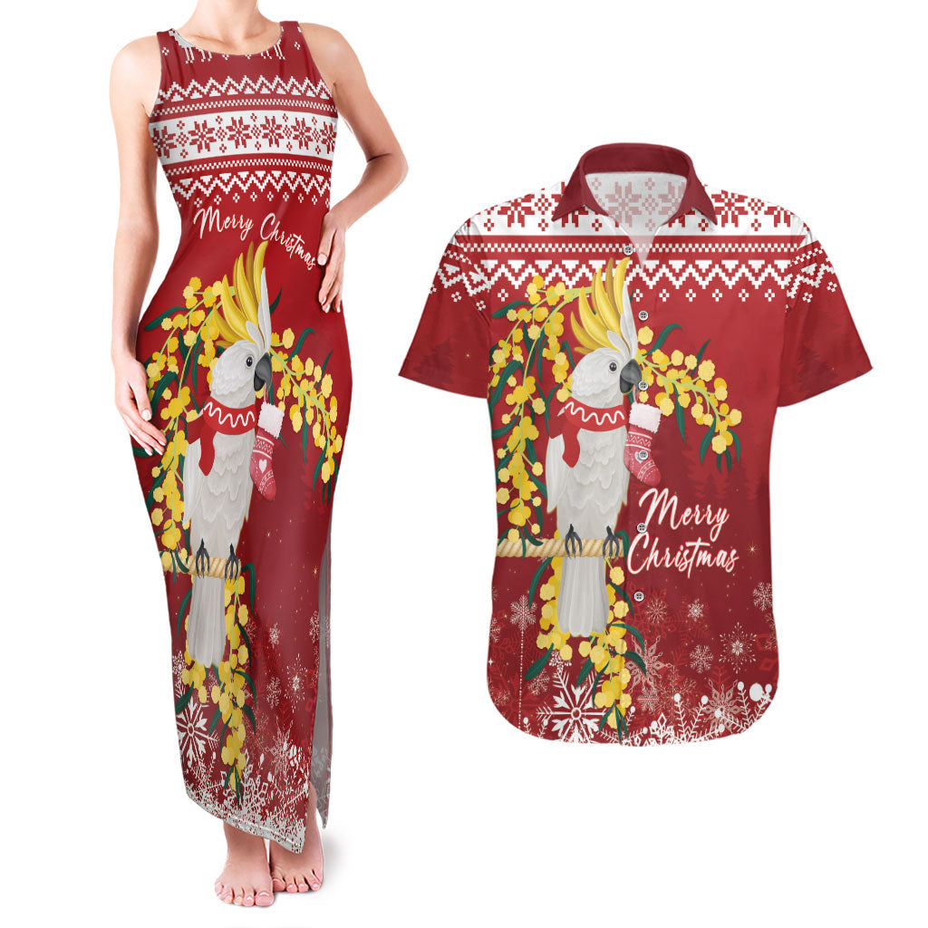 Australia Sulphur-crested Cockatoo Christmas Personalised Couples Matching Tank Maxi Dress and Hawaiian Shirt Aussie Golden Wattle Merry Xmas