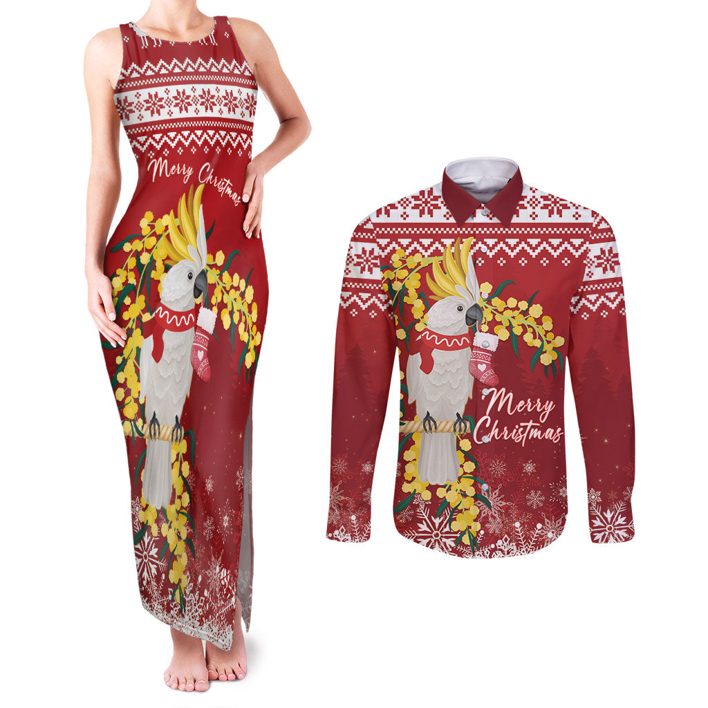 Australia Sulphur-crested Cockatoo Christmas Personalised Couples Matching Tank Maxi Dress and Long Sleeve Button Shirt Aussie Golden Wattle Merry Xmas