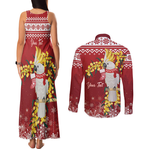 Australia Sulphur-crested Cockatoo Christmas Personalised Couples Matching Tank Maxi Dress and Long Sleeve Button Shirt Aussie Golden Wattle Merry Xmas