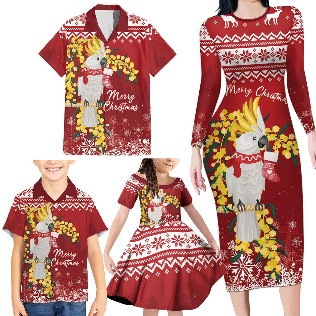 Australia Sulphur-crested Cockatoo Christmas Personalised Family Matching Long Sleeve Bodycon Dress and Hawaiian Shirt Aussie Golden Wattle Merry Xmas