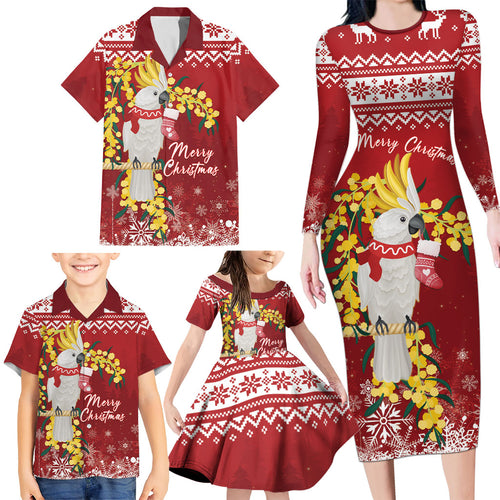 Australia Sulphur-crested Cockatoo Christmas Personalised Family Matching Long Sleeve Bodycon Dress and Hawaiian Shirt Aussie Golden Wattle Merry Xmas